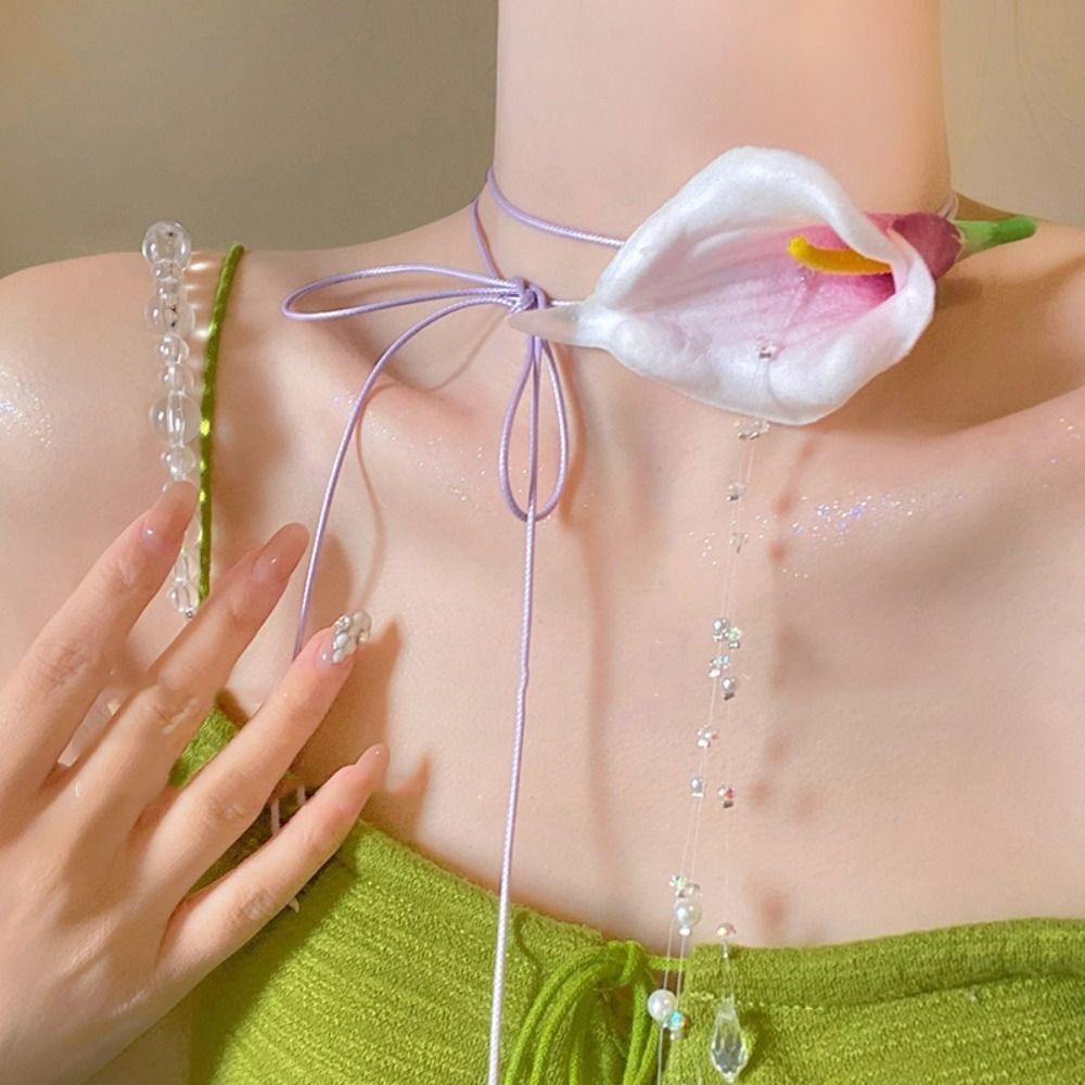 Fashion Exaggerated Calla Lily - Pearl Choker Necklace Vintage ulasan dan harga